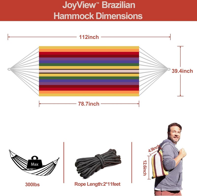 JoyView Brazilian Hammock for Single Person Portable Hammock with Hanging Ropes & Carry Bag Large 78.8x39.4” for Patio 300LBS Capacity Perfect for Outdoor/Indoor - Red Stripes - Image 2